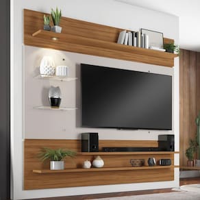 Painel Suspenso TV Até 60 Polegadas 5 Prateleiras Luz LED Sala de Estar Marrom Madeira e Off White