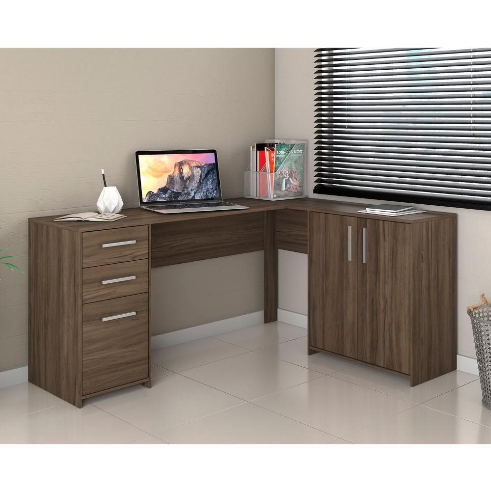 Mesa de Escritório Escrivaninha Em L Home Office Para Computador Quarto 3 Portas Marrom Escuro