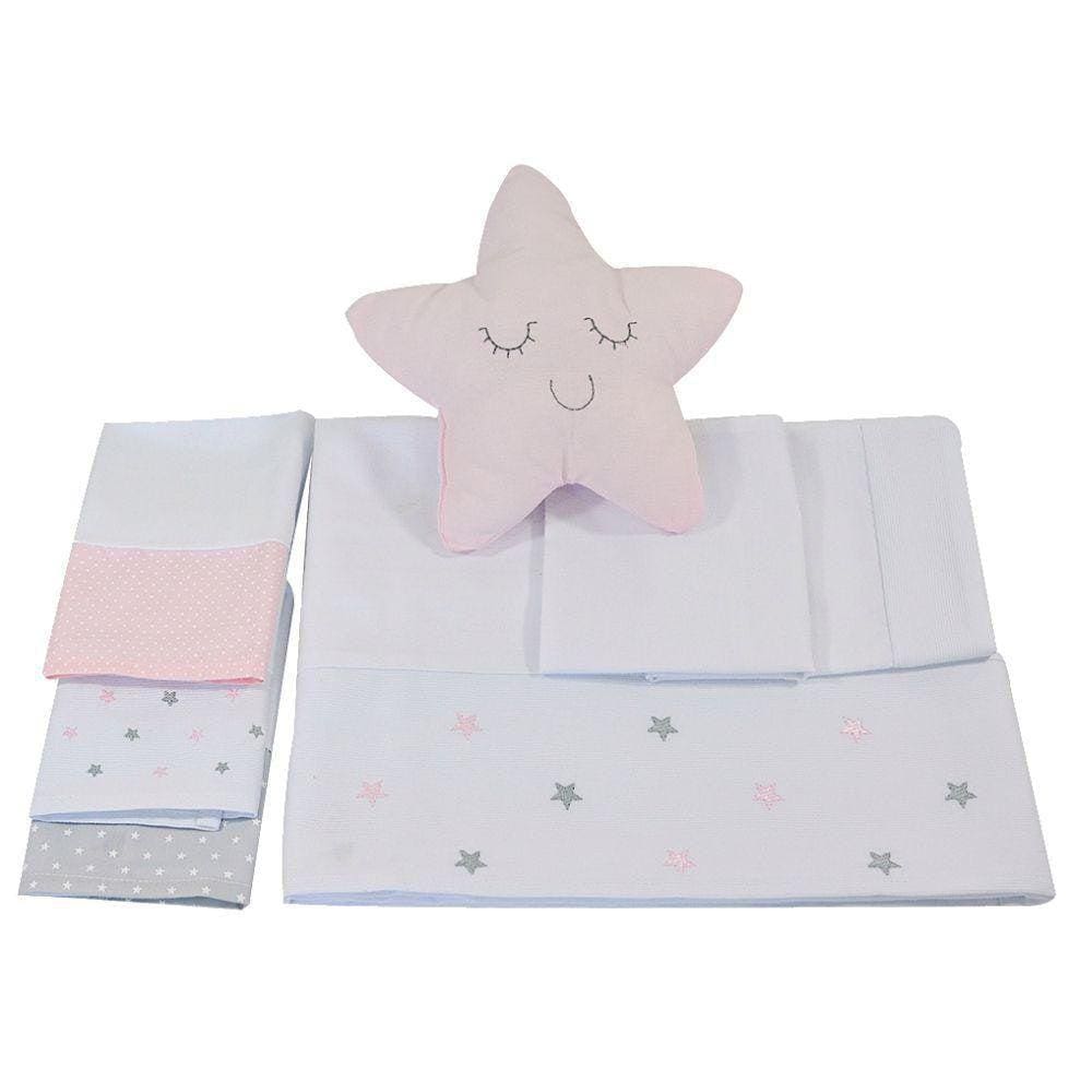 Jogo De Lençol Mini Berço Estrela Rosa 7 Peças