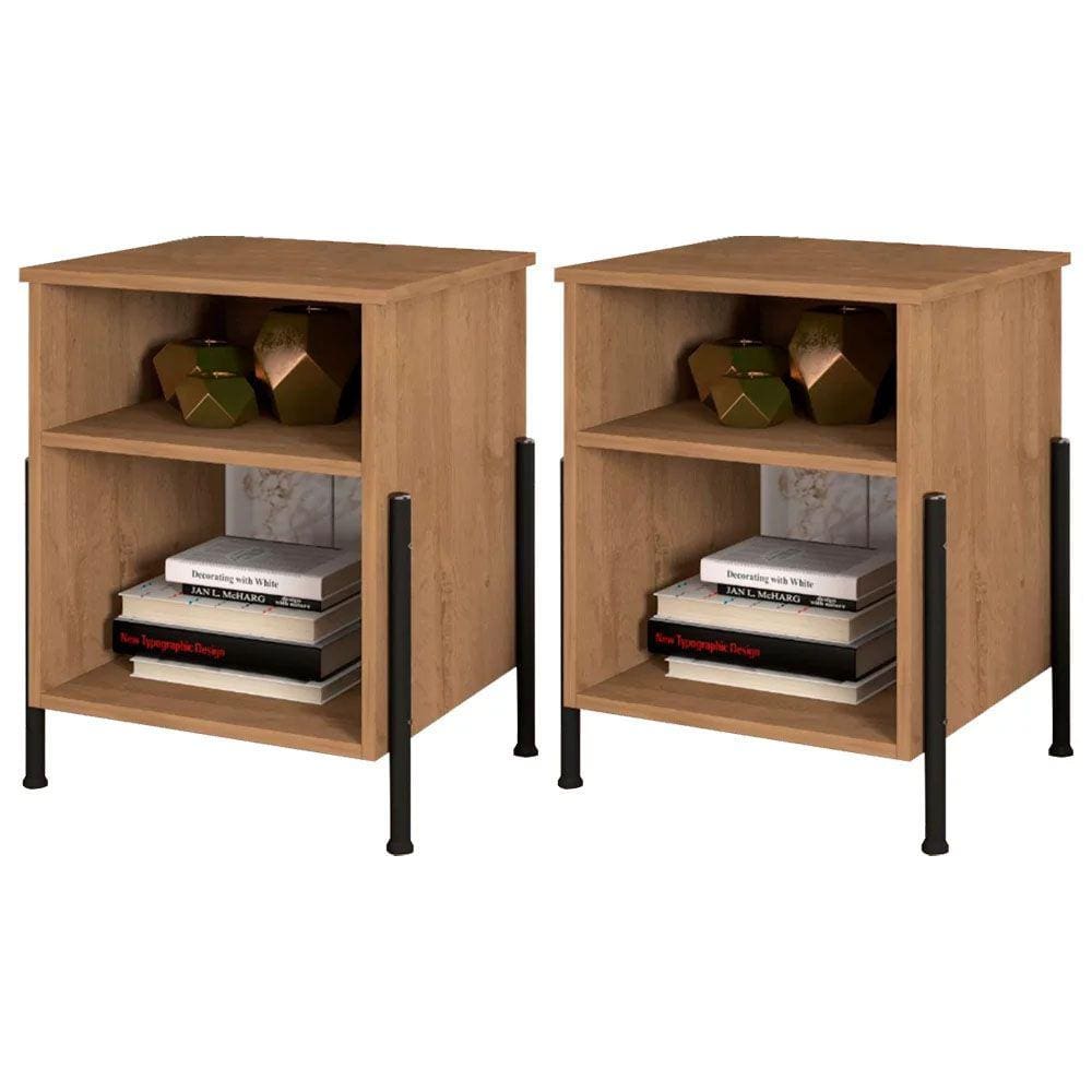 Kit 02 Mesas de Cabeceira 2 Nichos Pés Metálicos Viena New Demolição/Preto - Artefamol