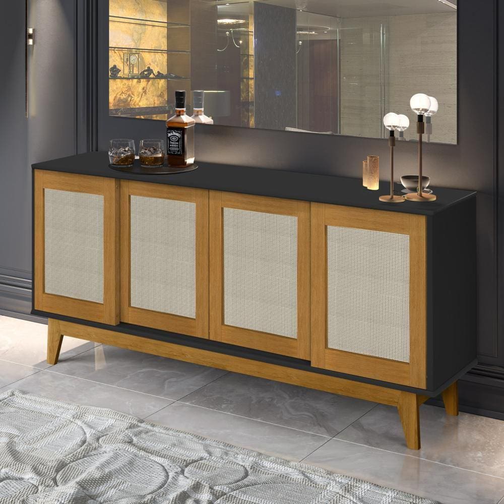 Balcão Aparador Buffet Retrô 4 Portas Detroit - Preto com Madeira - Tebarrot