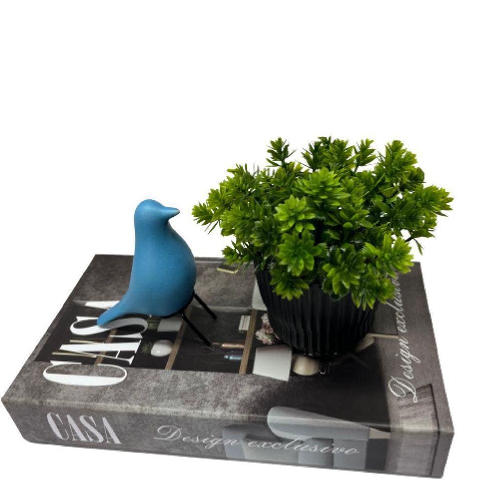 Conjunto decoração livro + vaso de cerâmica + pássaro azul