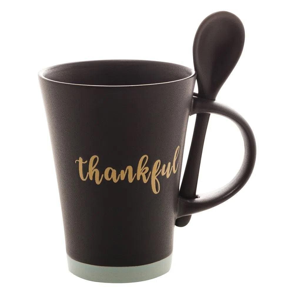 Caneca Com Colher Thankful Preto Matt/Azul 310Ml - Bon Gourmet