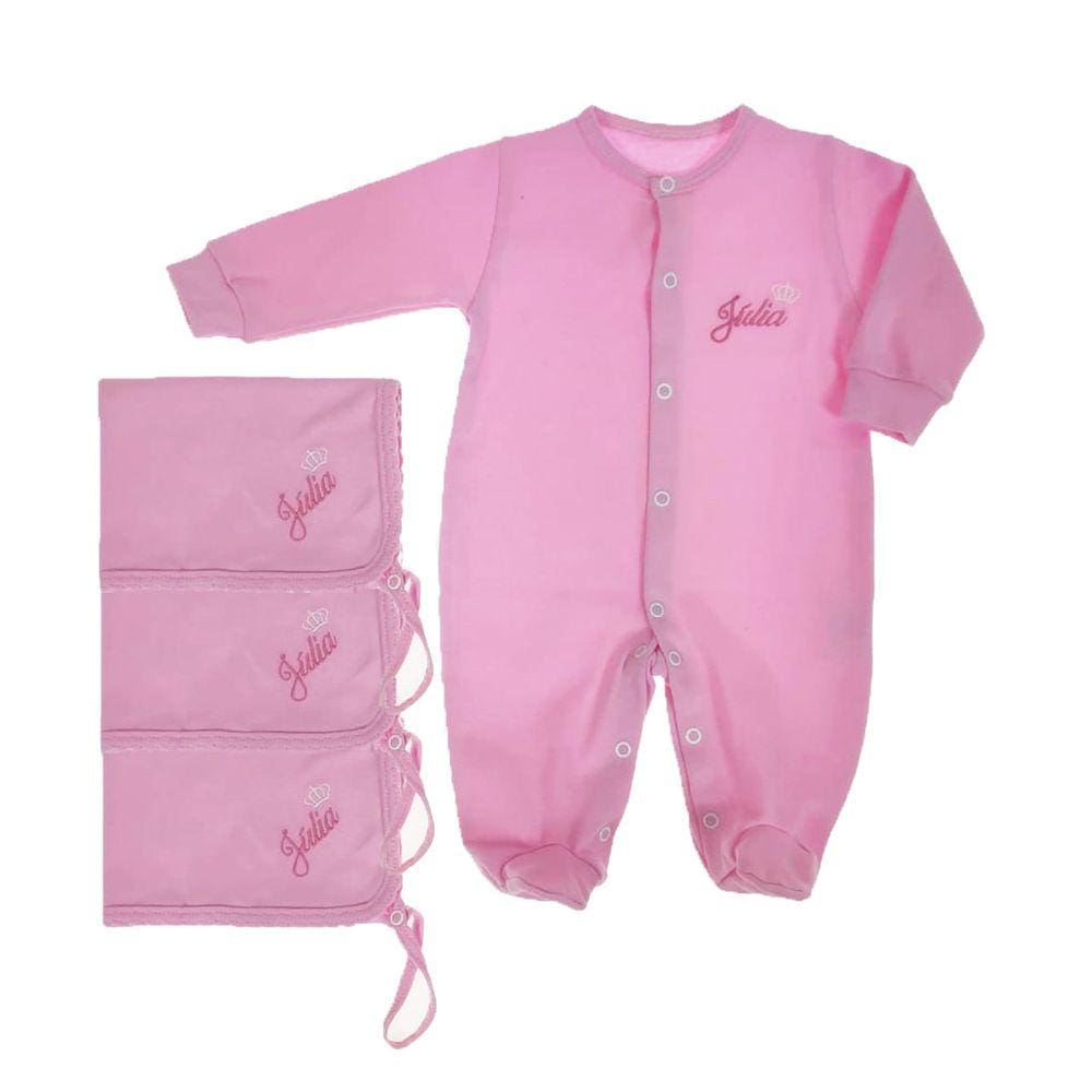 Kit macacão rosa coroa personalizado + 3 panos de boca rosa personalizado