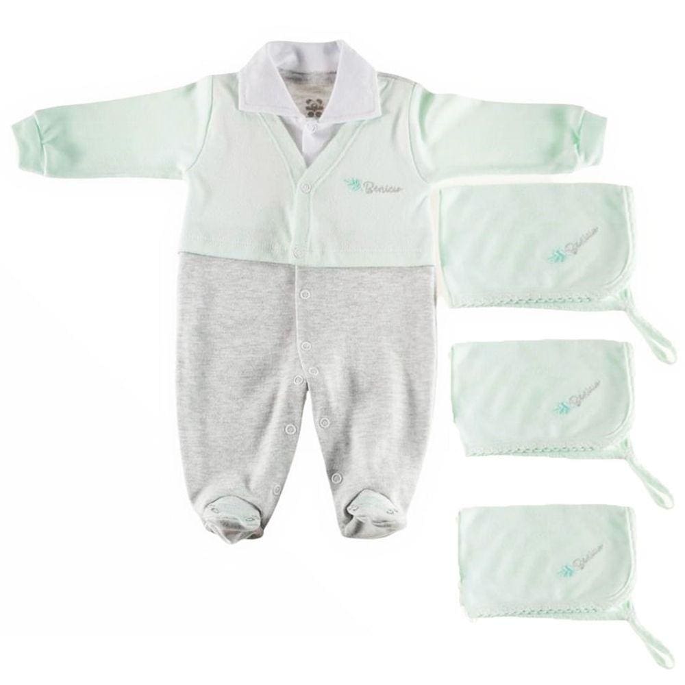 Kit macacão longo com 3 panos de boca verde mescla e branco  personalizado
