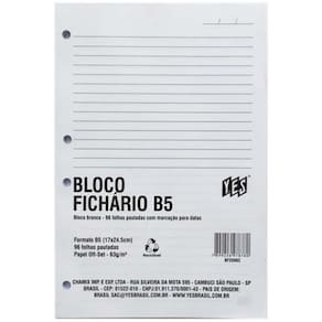 Bloco c/ 96 Folhas Fichário Pautado B5 Colegial Yes