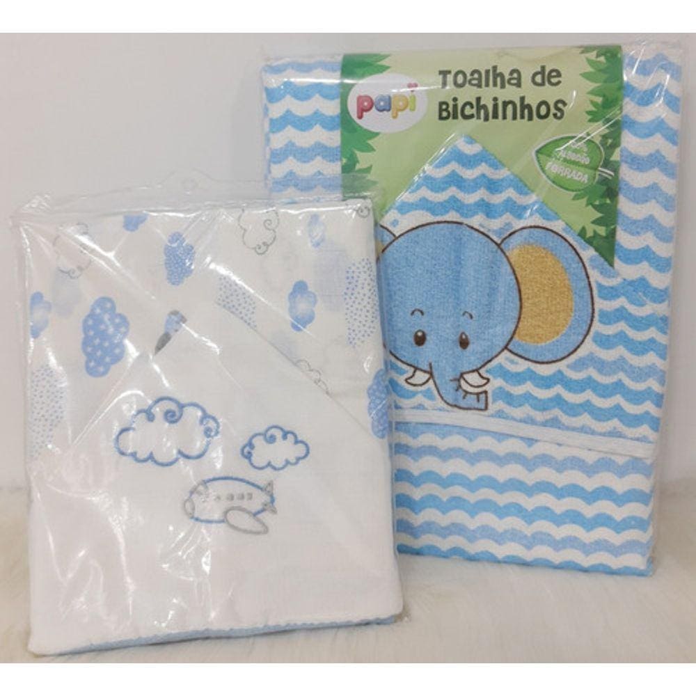 Kit 2 Toalha Banho Bebe Menino Capuz Fralda E Felpa Papi 07