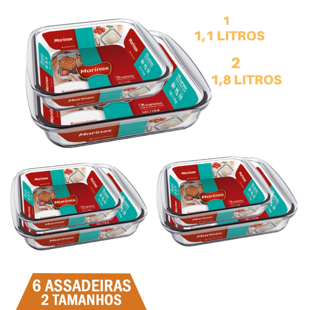 Kit 6 Assadeiras Quadrada 2 Tamanhos 1,1L 1,8L Vidro Marinex