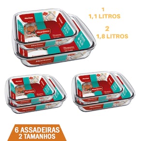Kit 6 Assadeiras Quadrada 2 Tamanhos 1,1L 1,8L Vidro Marinex