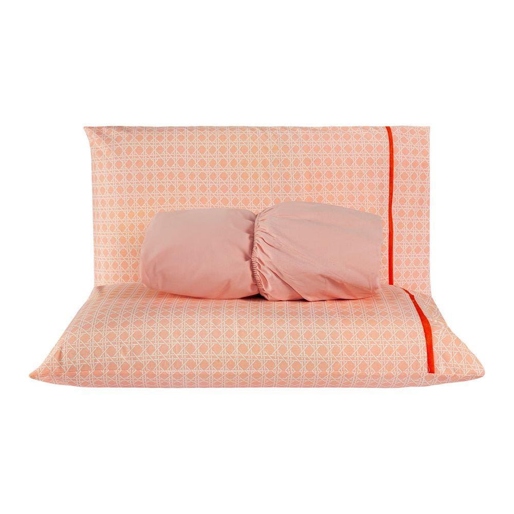 Jogo de Cama Chicago Estampado Salmão Geométrico Casal Padrão 03 Peças - Percal 140 Fios