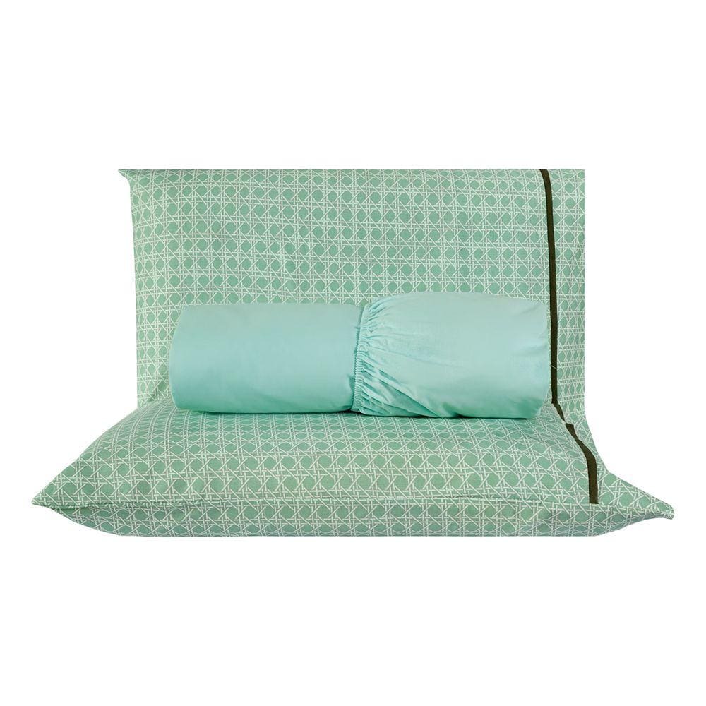Jogo de Cama Chicago Estampado Verde Água Geométrico Casal Padrão 03 Peças - Percal 140 Fios