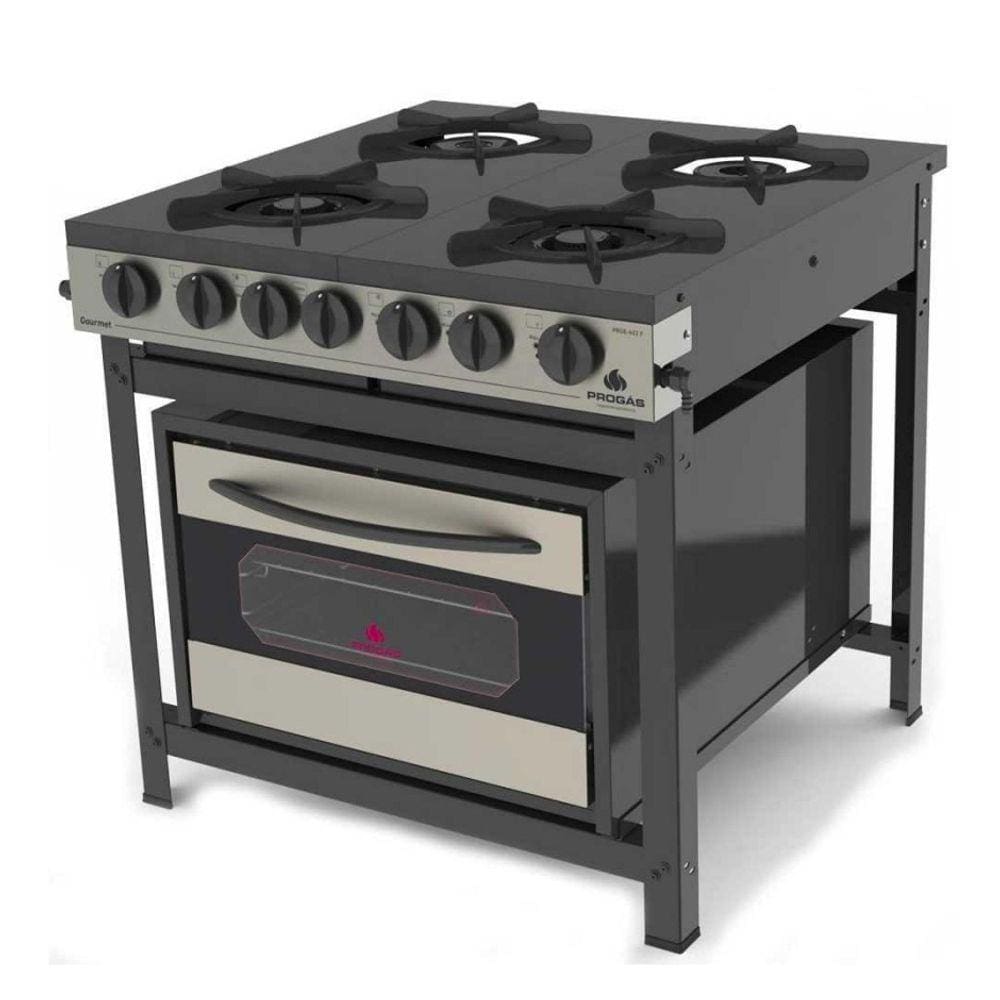 Fogão 4 Bocas 2 Duplas e 2 Simples Baixa Pressão Progás Com Forno Gourmet Preto PRGE-402F