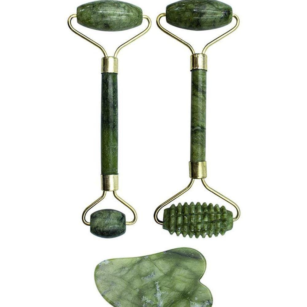 Kit 2 Rolo Massageador Facial Pedra De Jade + Placa Gua Sha