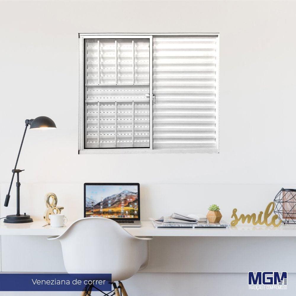 Janela de Aluminio Veneziana 3 Folhas Com grade vidro liso 100x150 MGM Branco