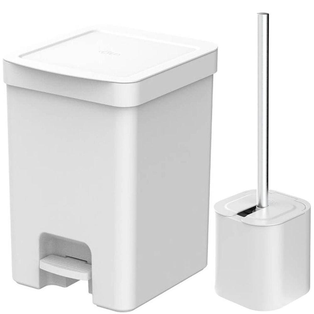 Kit Conjunto Para banheiro Lixeira Trium Com Pedal 12L e Escova Sanitária Com Suporte Dual Branco OU