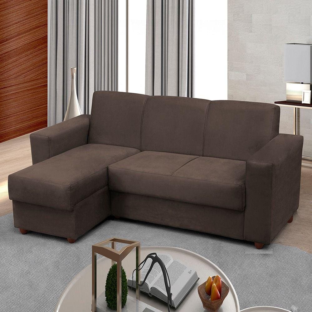 Sofá 3 lugares com Chaise Bia Esquerdo Suede Marrom Madelina Decor