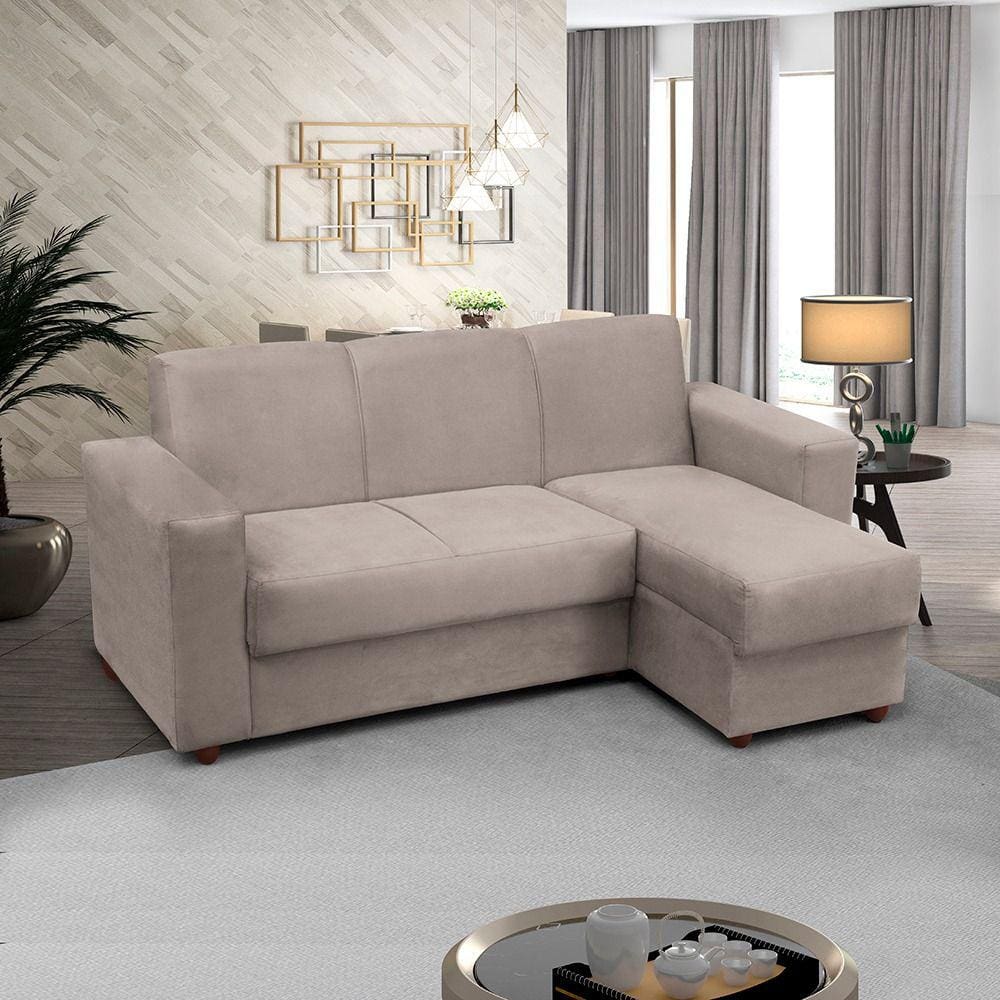 Sofá 3 lugares com Chaise LD Bia Suede Bege Madelina Decor