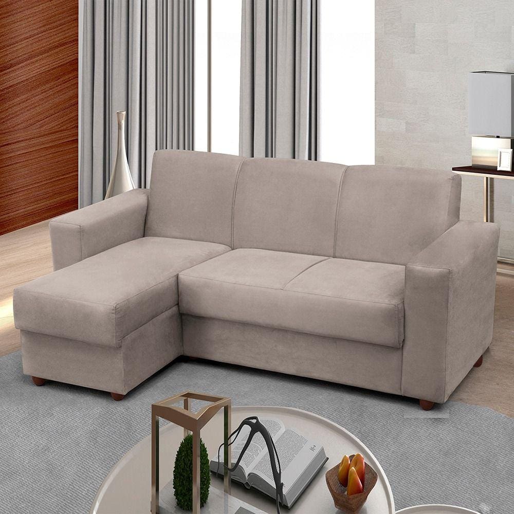Sofá 3 lugares com Chaise Bia Esquerdo Suede Bege Madelina Decor
