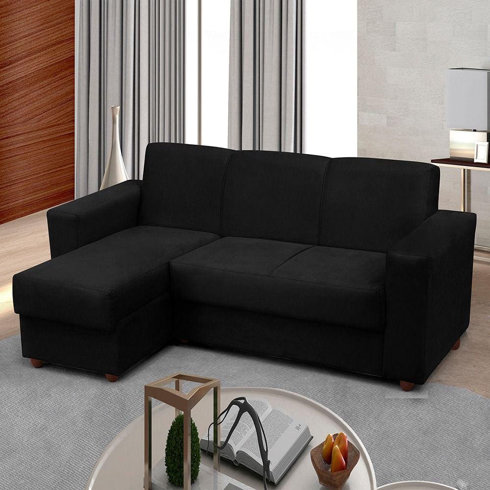 Sofá 3 lugares com Chaise Bia Esquerdo Suede Preto Madelina Decor
