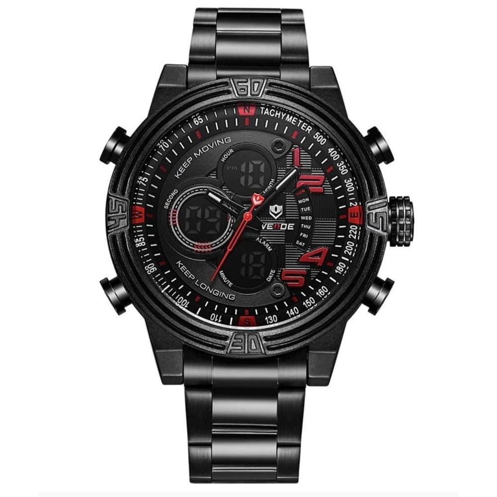 Relógio masculino esportivo digital e analógico inox weide 5209 preto vermelho