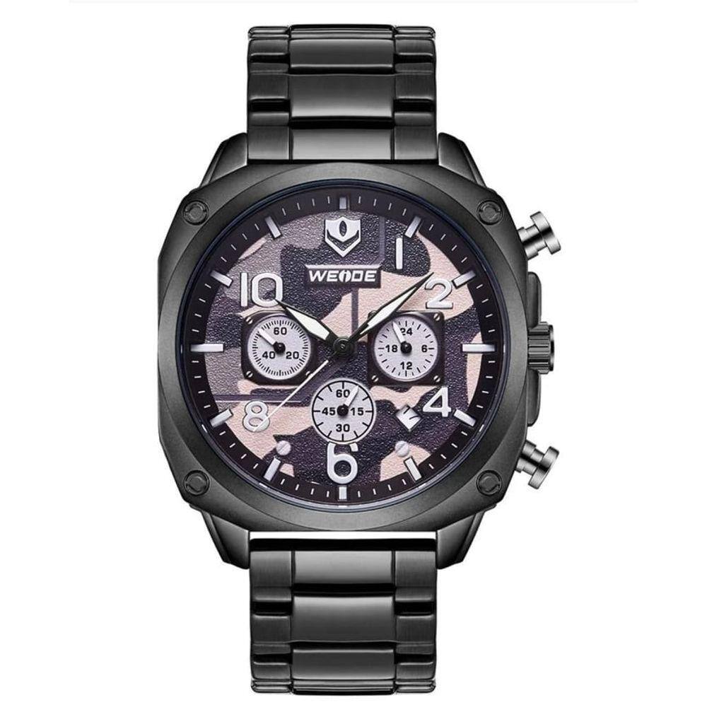 Relógio masculino social analógico cronógrafo todo funcional inox quadrado preto camuflado weide wd009