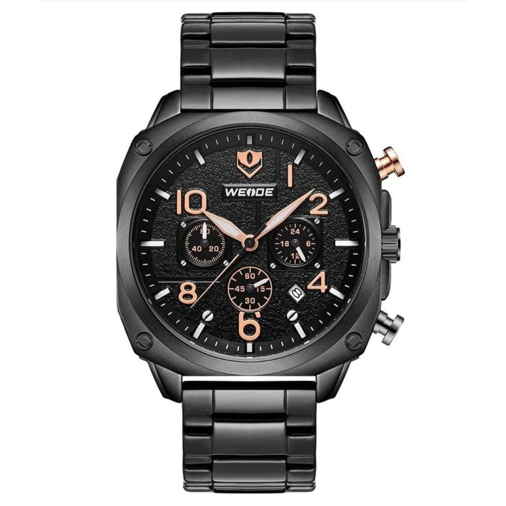 Relógio masculino analógico social cronógrafo todo funcional inox quadrado preto bronze weide wd009