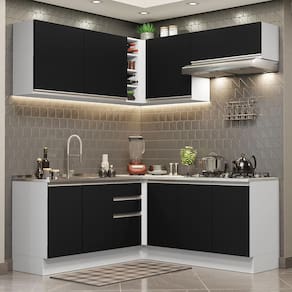 Cozinha Completa de Canto Madesa Glamy 349003 com Armário e Balcão (Sem Tampo e Pia) - Branco/Preto