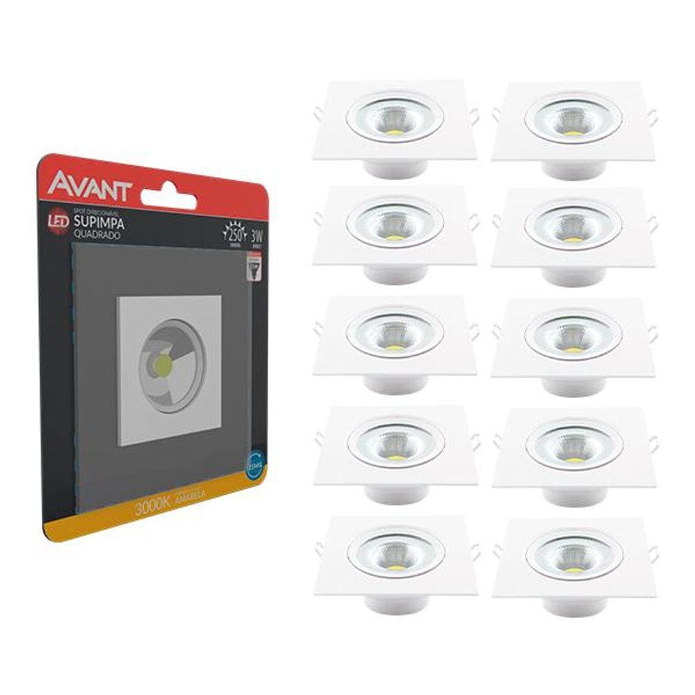 Kit 10 Spot 3w 3000K Led Direcional Embutir Gesso Teto Avant
