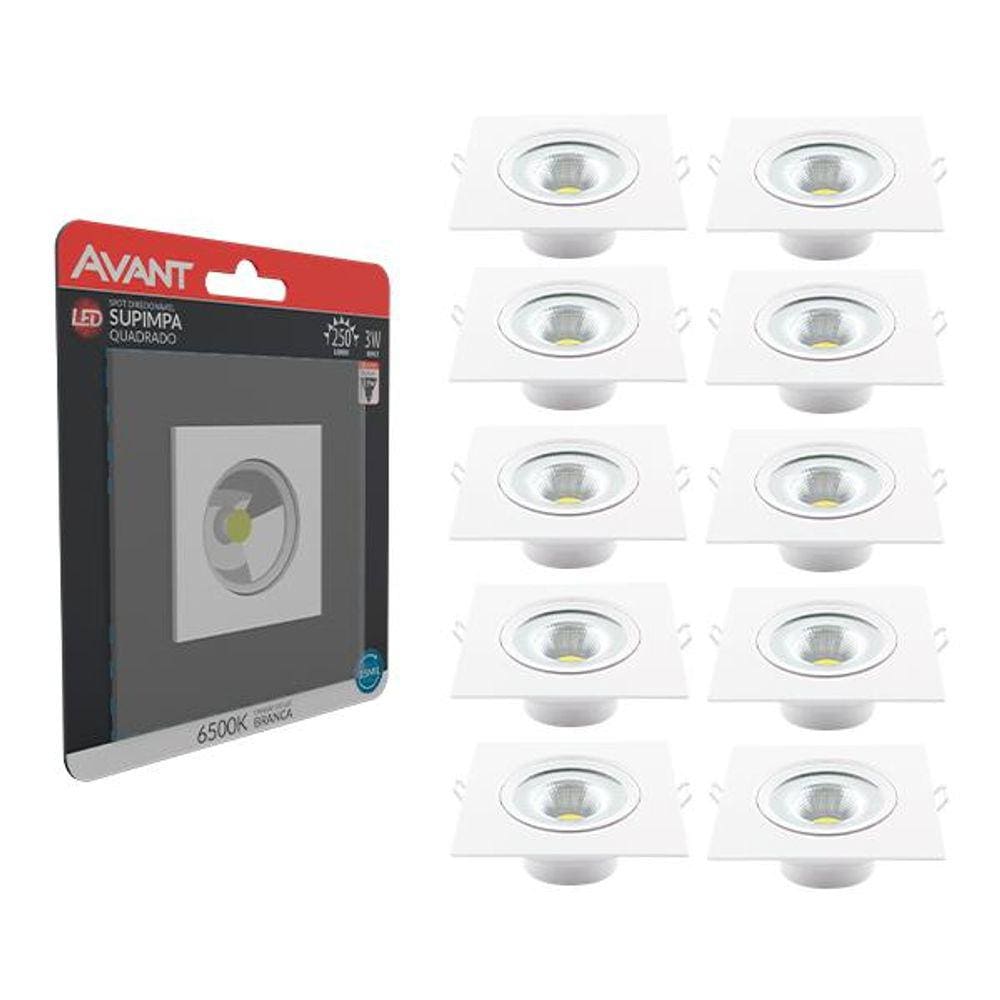 Kit 10 Spot 3w 6500K Led Direcional Embutir Gesso Teto Avant