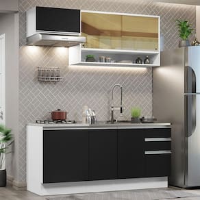 Cozinha Completa Madesa Glamy 180008 com Armário e Balcão (Sem Tampo e Pia) - Branco/Preto