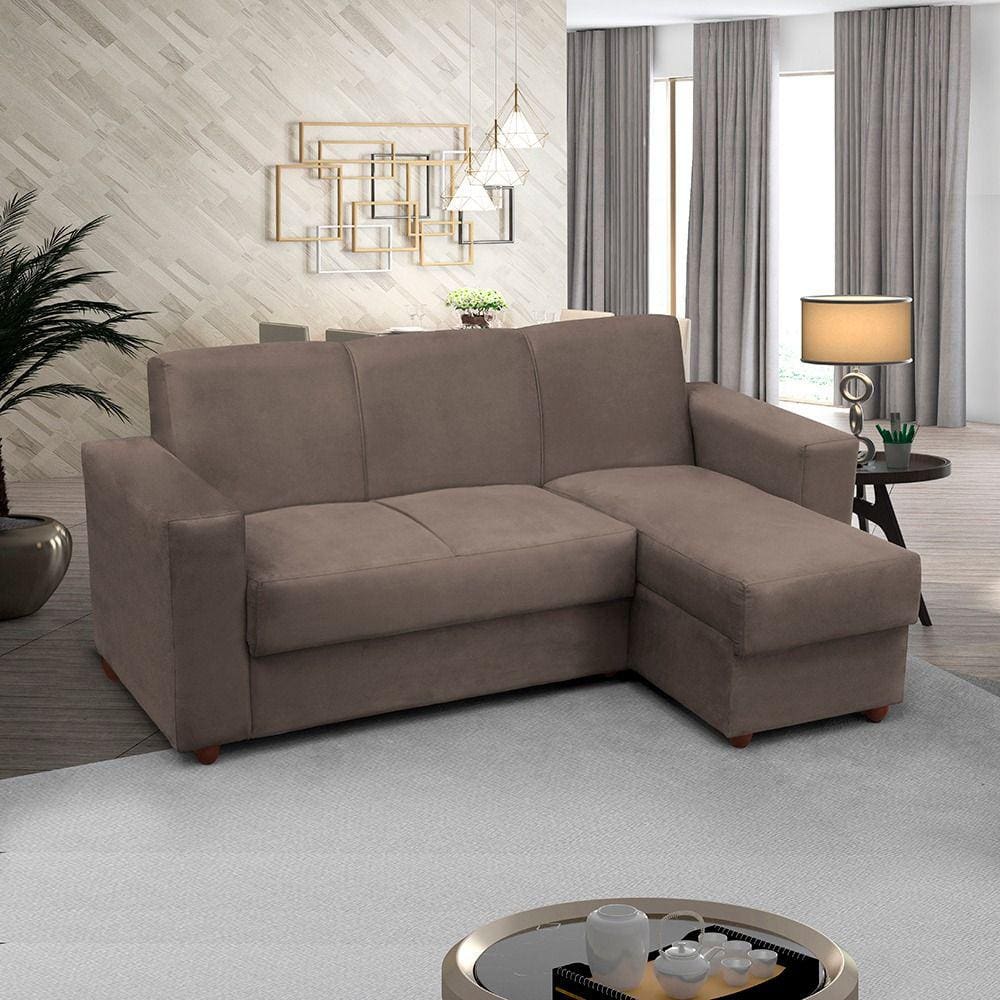 Sofá 3 lugares com Chaise LD Bia Suede Capuccino Madelina Decor