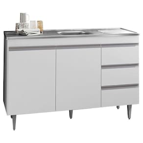 Balcão Gabinete Com Pia Inox 120cm 2 Portas 3 Gavetas Andréia Branco
