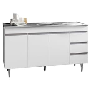 Balcão Gabinete Com Pia Inox 150cm 3 Portas 3 Gavetas Andréia Branco