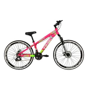 Bicicleta Aro 26 Vikingx Tuff Verde 21v Alumínio Freio Mecânico Aros Vmaxx Pretos - Rosa/Verde