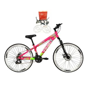 Bicicleta Aro 26 Vikingx Tuff 21v Alumínio Freio Hidráulico a Disco Aros Vmaxx Branco - Rosa/Verde