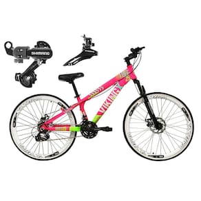 Bicicleta Aro 26 Vikingx Tuff 21v Alumínio Câmbio Shimano Freio a Disco Aros Vmaxx Branco - Rosa/Verde