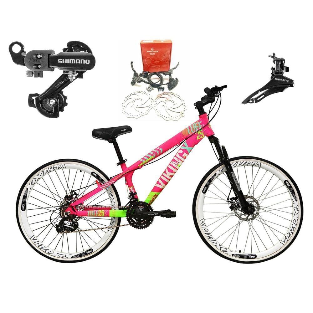 Bicicleta Aro 26 Vikingx Tuff 21v Alumínio Câmbios Shimano Freio a Disco Hidráulicos Aros Vmaxx Brancos - Rosa/Verde