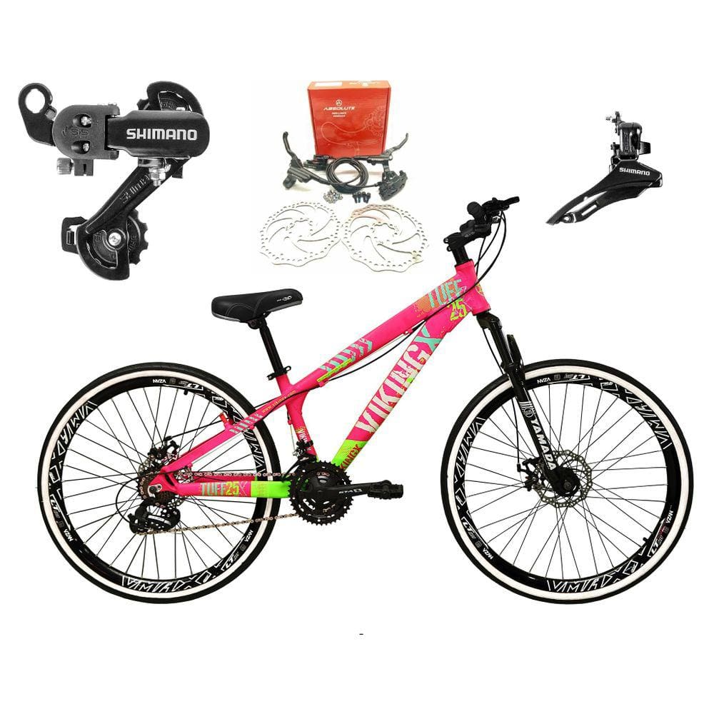 Bicicleta Aro 26 Vikingx Tuff 21v Alumínio Câmbios Shimano Freio a Disco Hidráulicos Aros Vmaxx Pretos - Rosa/Verde