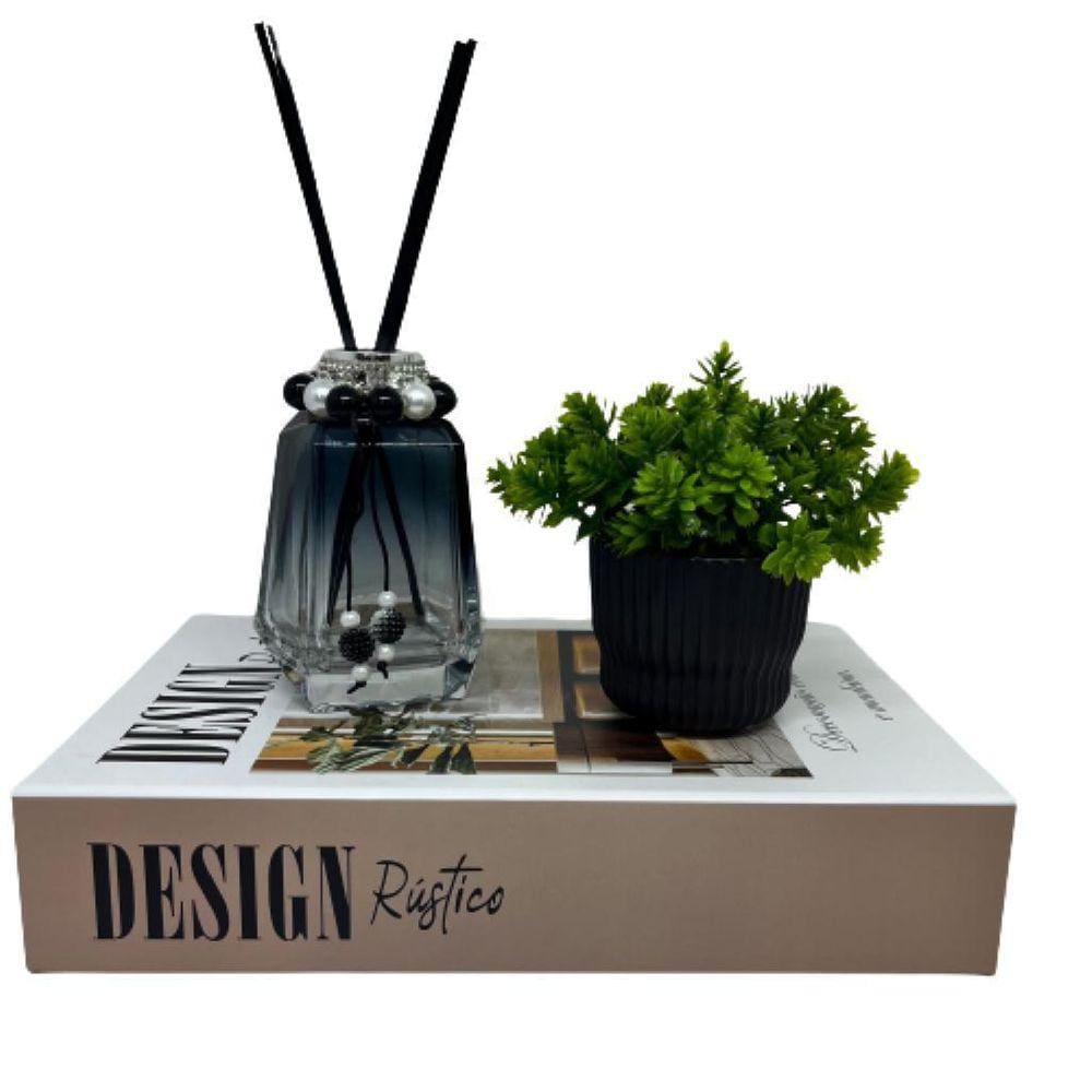 Livro decorativo Design + vaso preto + difusor de vidro