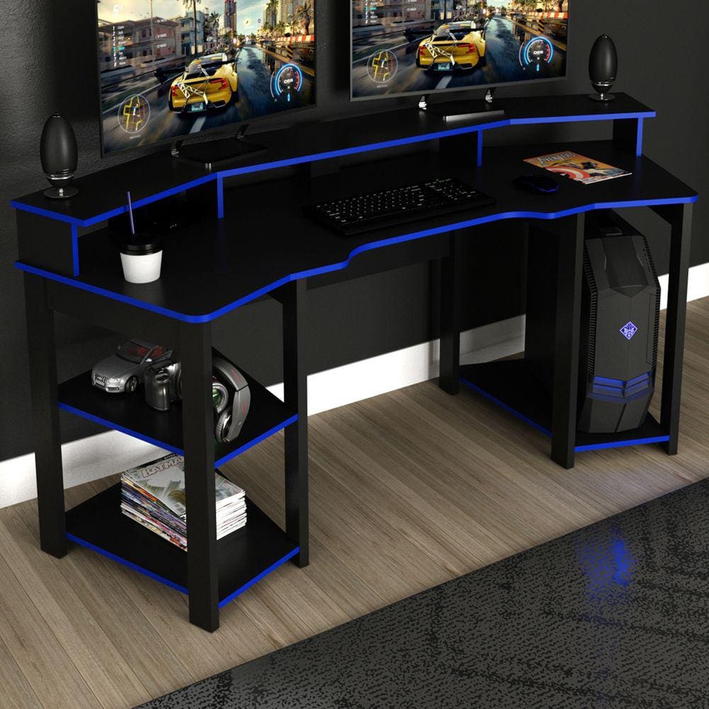 Mesa Gamer Para 2 Monitores 3 Prateleiras Preto/azul Me4167 - Tecno Mobili