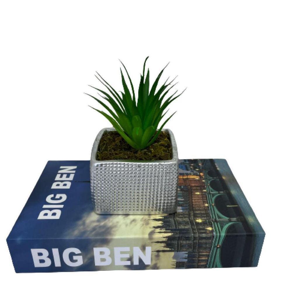 Conjunto decoração livro Big Ben + vaso prata quadrado