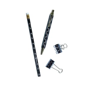 Kit Gift Le Office Geometric 1 Lápis Grafite, 1 Caneta Fine e 2 Binders Clips 25mm