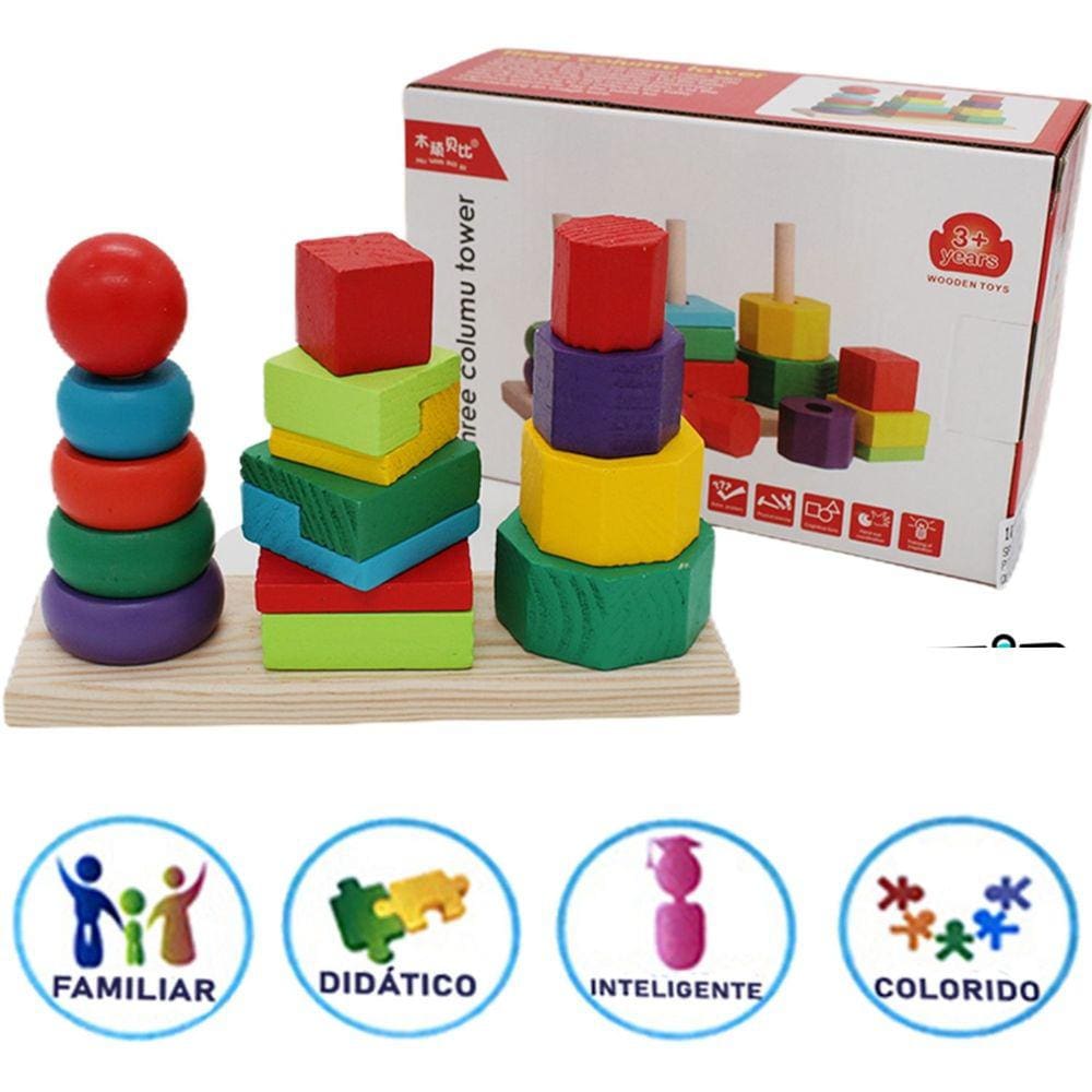 Brinquedo Educativo Didático de Madeira Torre com 3 Colunas Monta e Desmonta Infantil