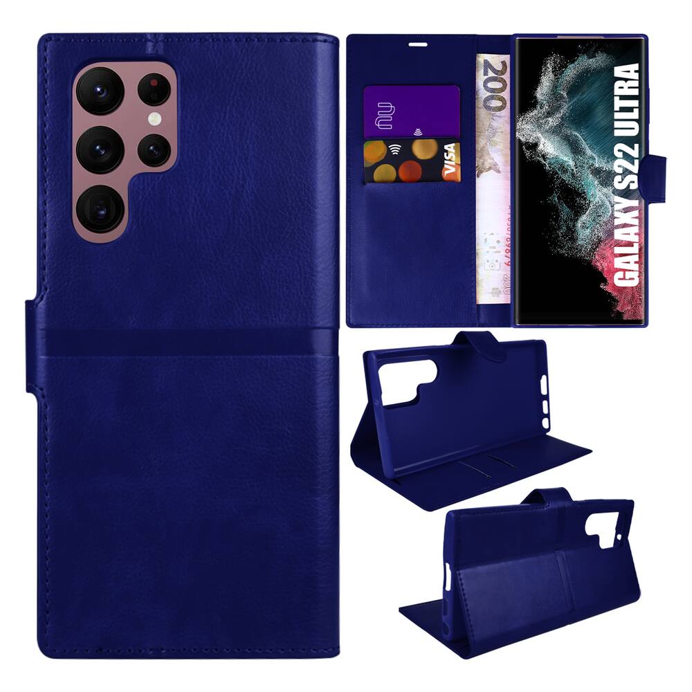Capa Carteira Azul Escuro + Película De CERÂMICA P/ Galaxy S22 Ultra S908 - Cell in Power25