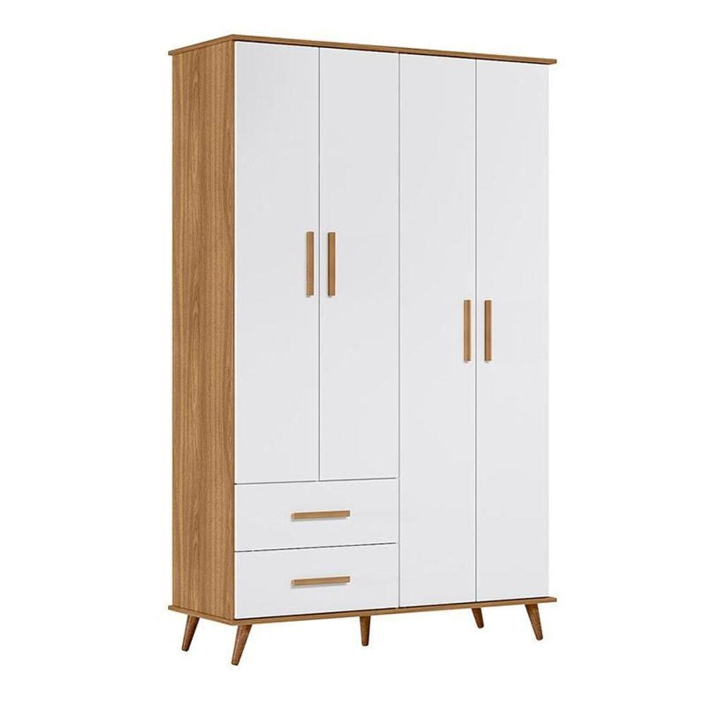 Guarda Roupa Infantil Retrô Noah 4 Portas e 2 Gavetas Nature/Branco Acetinado - Peternella Móveis