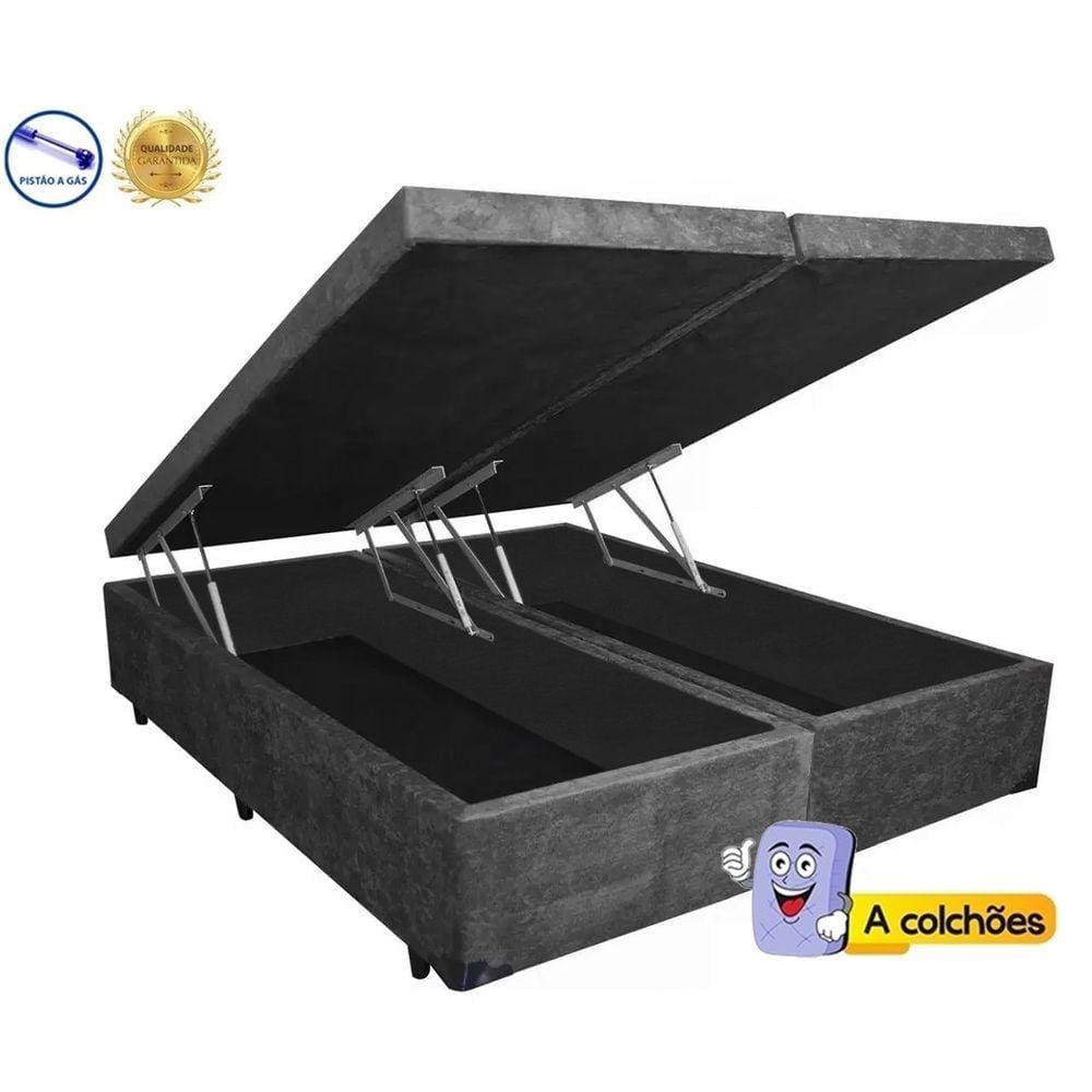 Cama Box Baú King Gold Suede Cinza Bipartido Com Pistão A Gás - 193x203x41