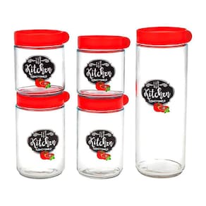 Potes Herméticos de Vidro Kitchen Vermelho 5 Peças - Casambiente
