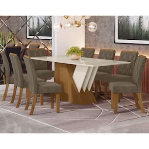 Conjunto Sala de Jantar Tampo MDF Canto Reto com Vidro 200 Cm 08 Cadeiras Cecily Henn