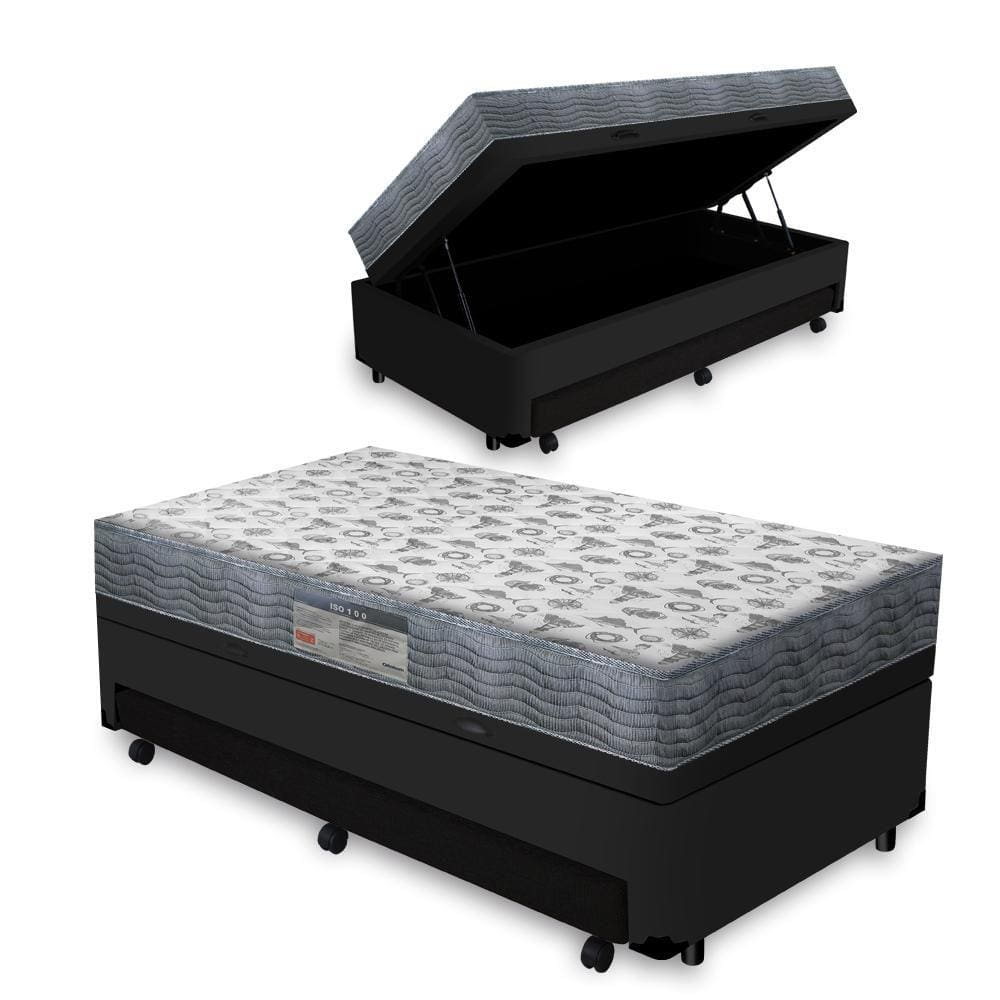 Cama Box Baú e Auxiliar Solteiro Preta + Colchão Ortopédico D33 Ortobom - ISO 100 - 88x188x60cm