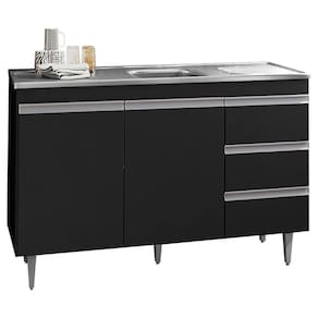 Balcão Gabinete Com Pia Inox 120Cm 2 Portas 3 Gavetas Andréia Preto Total - Ajl Móveis